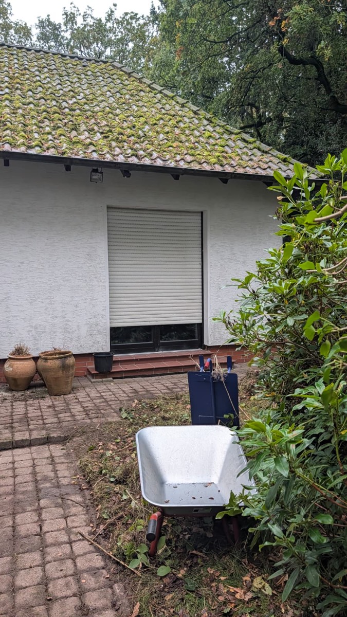 Steildach mit dichtem Moosbewuchs auf den Pfannen über einer weiß verputzten Hauswand, davor eine leere Schubkarre